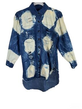 Thrill Jeans 100% Cotton Destroyed Bleached Light Hi Low Button Up Jean Shirt L